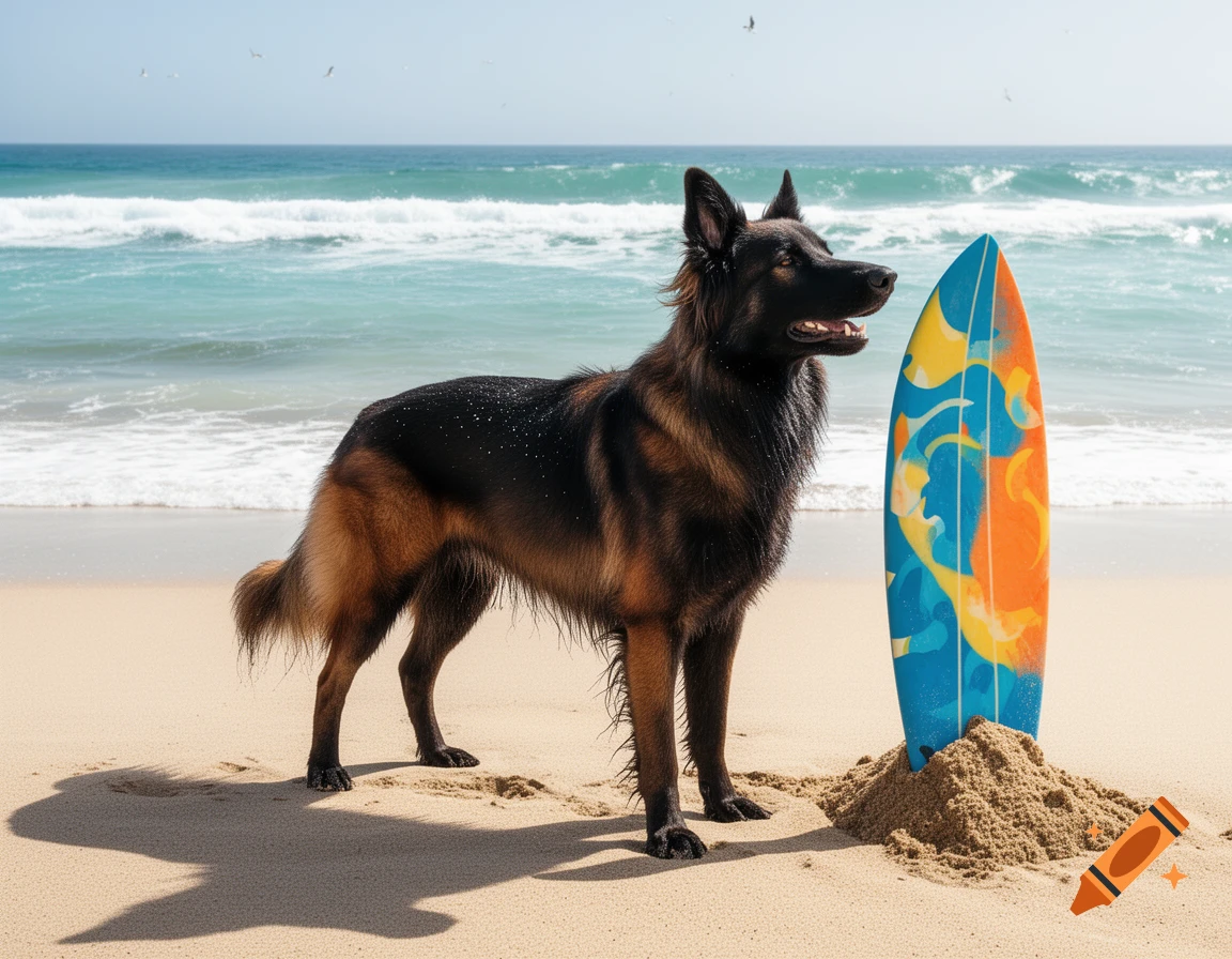 A brown and black dog stands on a sandy beach next to a colorful surfboard, with ocean waves in the background.