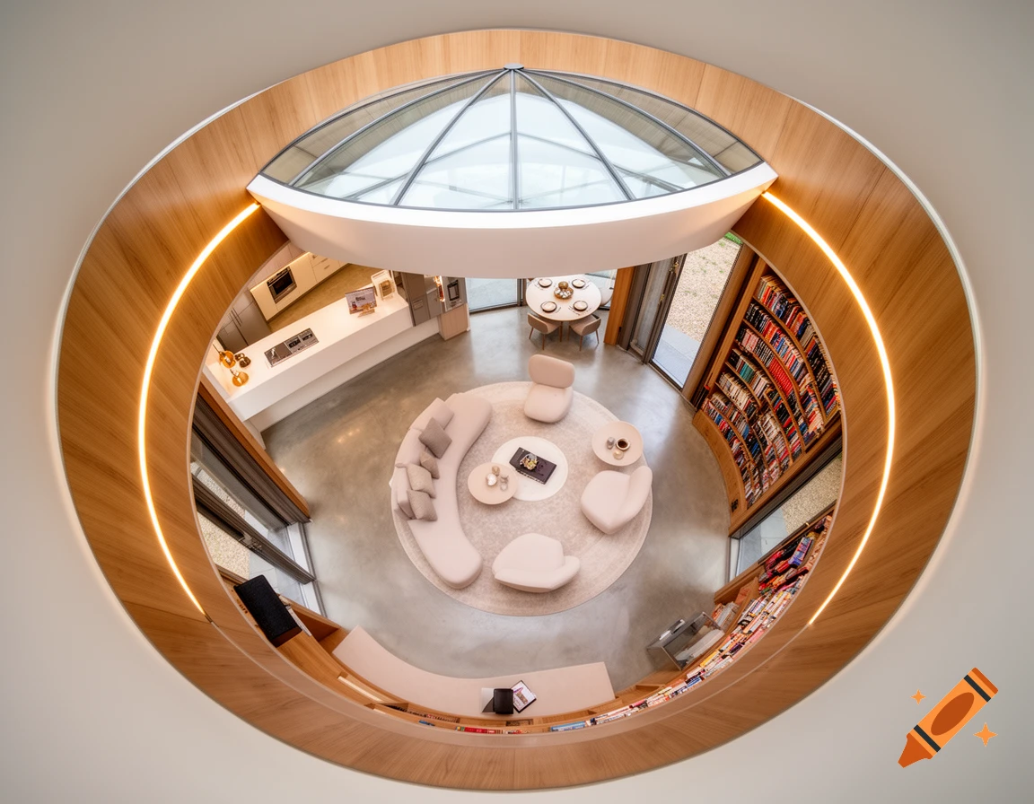 Photorealistic bird's eye view of a modern round house interior featuring a central living area, kitchen, curved bookshelf, and skylight.