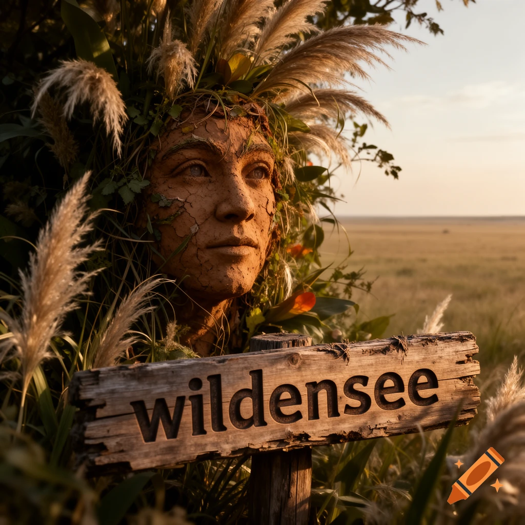 Sculpted face made of cracked earth and plants, adorned with pampas grass, next to a 'wildensee' sign in a sunlit field.