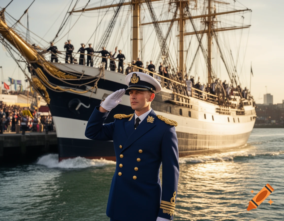 Photorealistic image of a naval officer in blue uniform saluting a majestic tall ship with crew at sea during sunset.