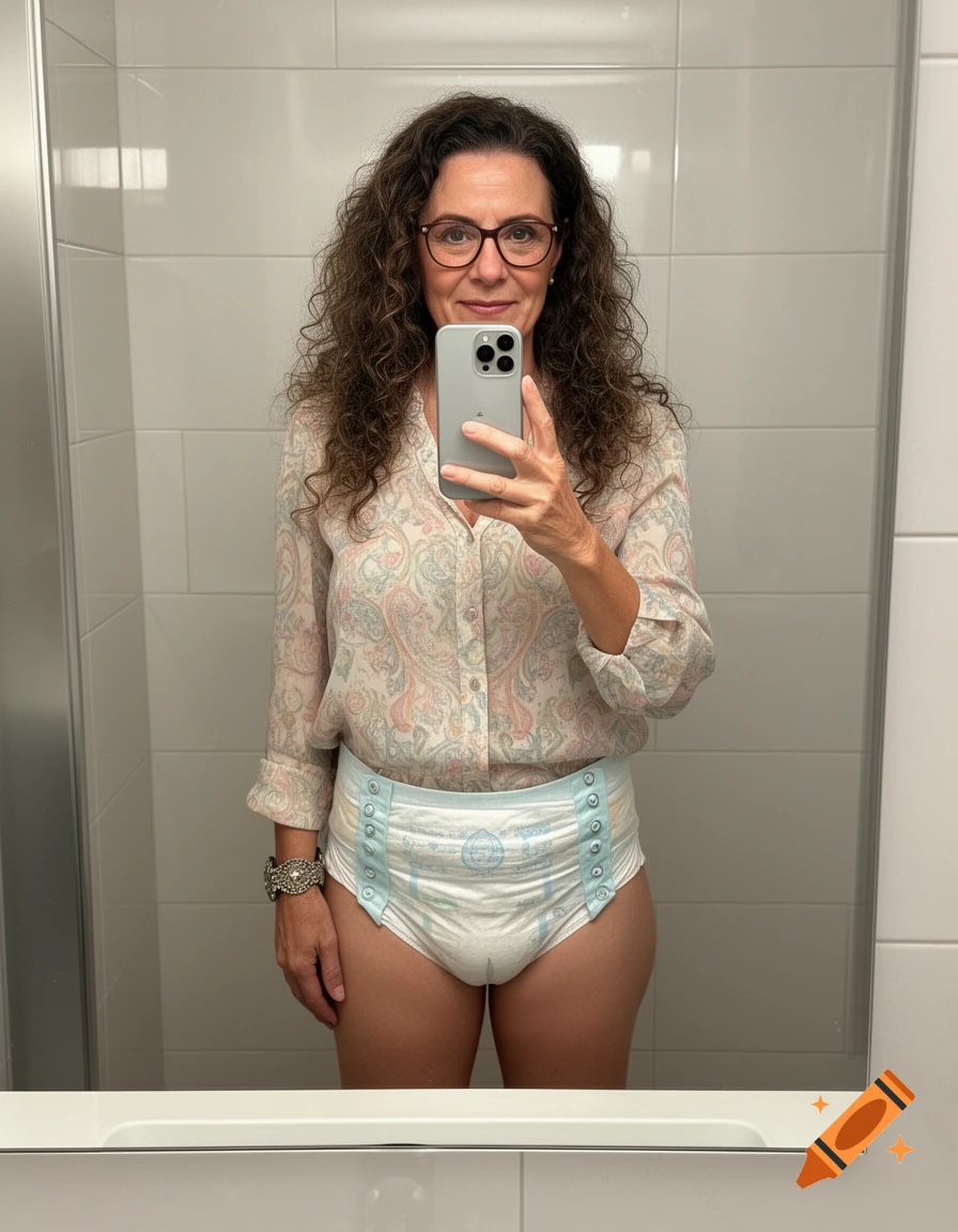 A woman in glasses and a patterned blouse takes a selfie in a bathroom mirror, revealing she is wearing an adult diaper.