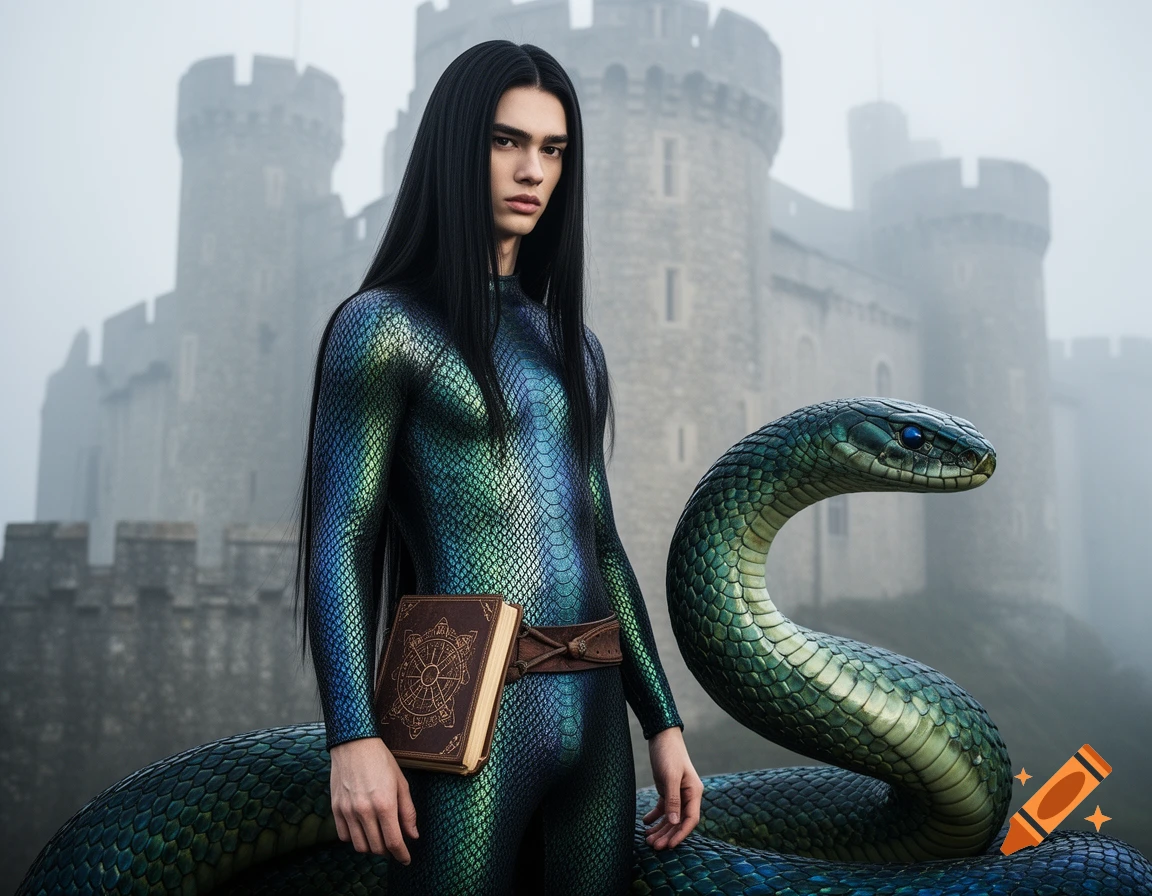 Androgynous person with long black hair in an iridescent snakeskin bodysuit and a spell book, stands beside a large green snake in front of a misty castle.