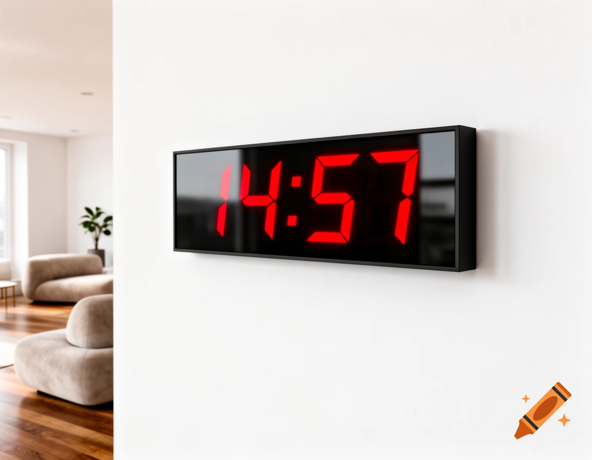 A modern black LED digital wall clock displaying '14:57' on a white wall in a minimalist living room.