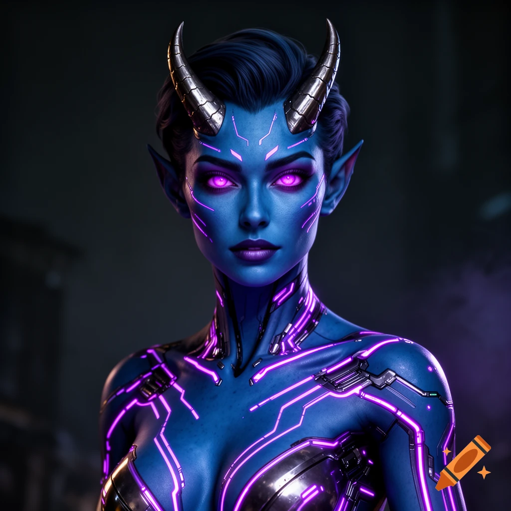 A blue-skinned tiefling with metallic horns, glowing purple eyes, and intricate glowing purple circuit lines on her body.
