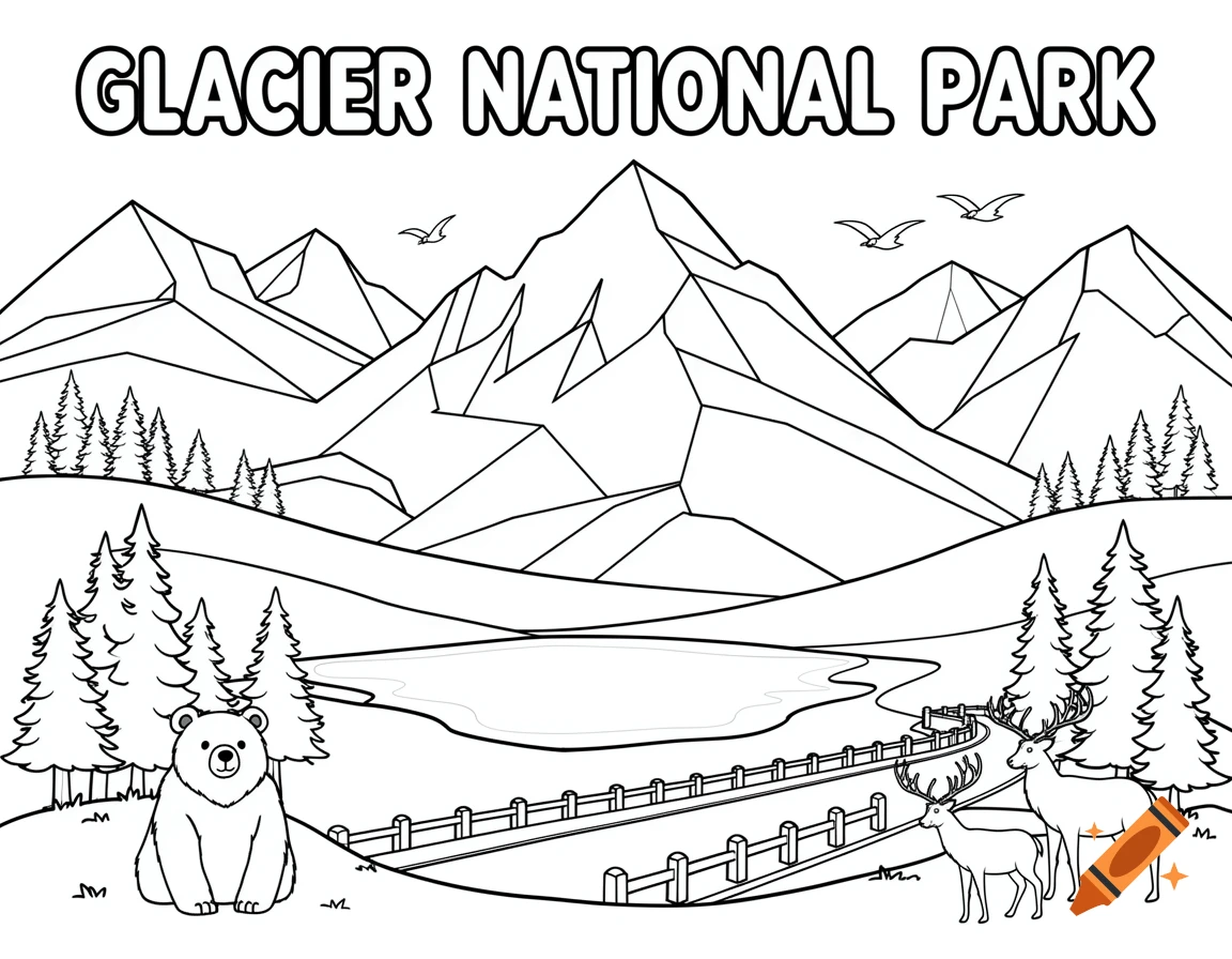 Black and white coloring page of Glacier National Park with mountains, a lake, pine trees, a bear, and two deer.