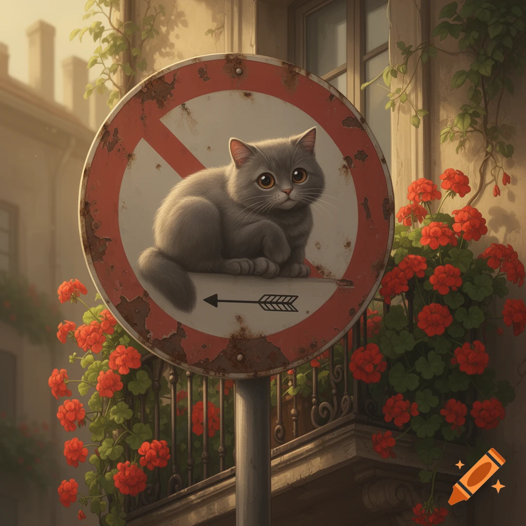 A cute grey cat sits on a rusty round prohibition sign with an arrow, against a backdrop of a building with red geraniums on a balcony.
