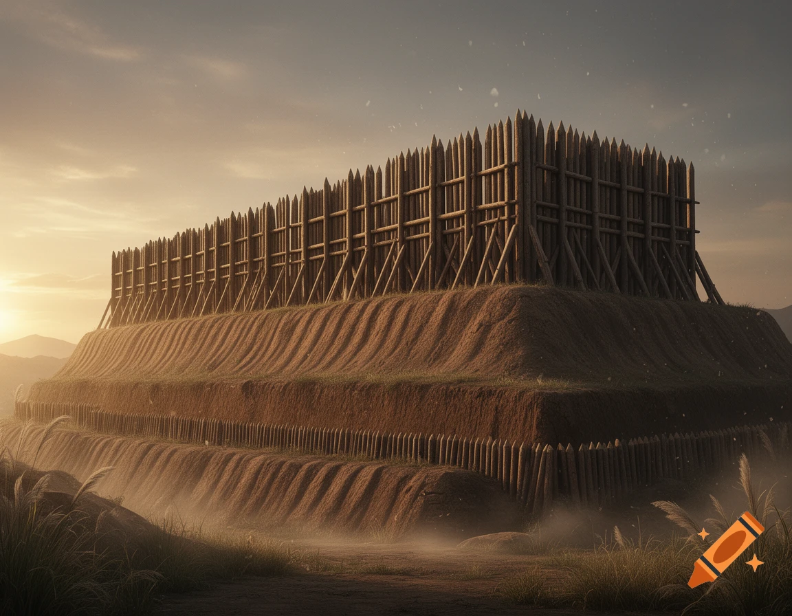 A massive timber palisade atop a multi-tiered earth berm at sunrise, with mist swirling in the foreground.