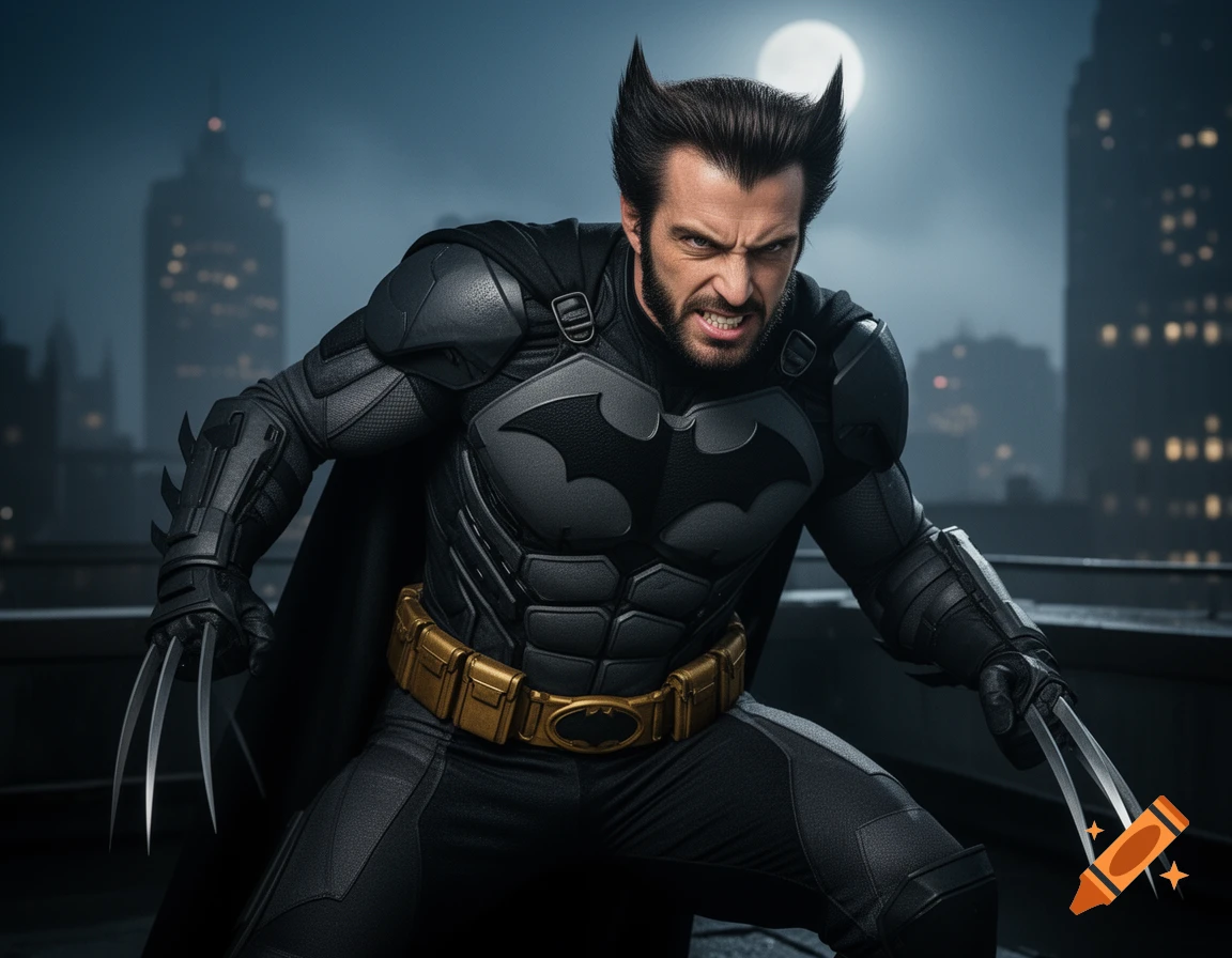 Photorealistic Wolverine wearing a Batman suit with claws extended, snarling on a Gotham city rooftop at night under a full moon.