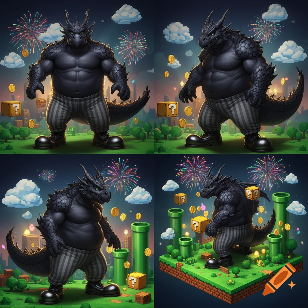A muscular dark dragon in striped pants and big black shoes in four panels of a pixelated Mario world with fireworks.