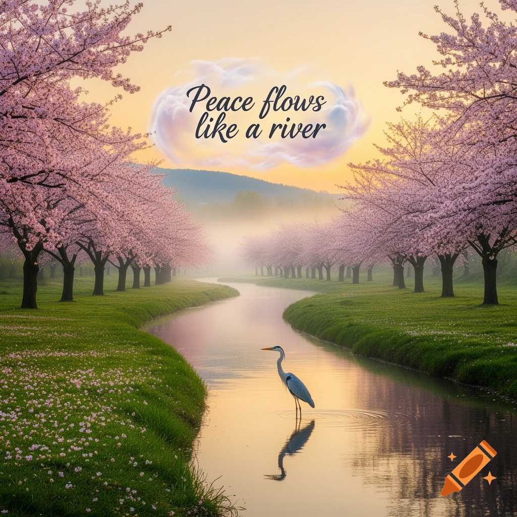 A heron stands in a winding river lined with pink cherry blossom trees under a sunset sky, with the text 'Peace flows like a river' in a cloud.