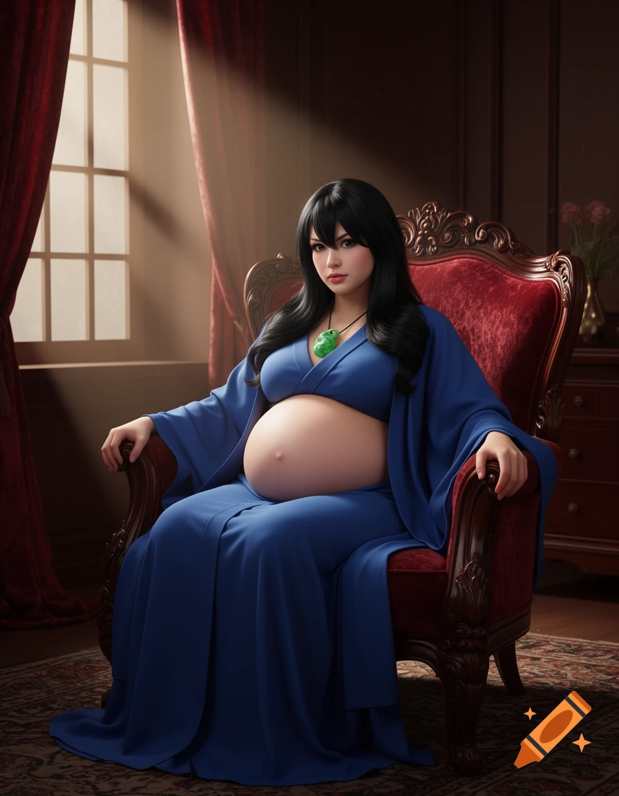 A black-haired pregnant woman in a blue dress and a green necklace sits on a red armchair in a dimly lit room.