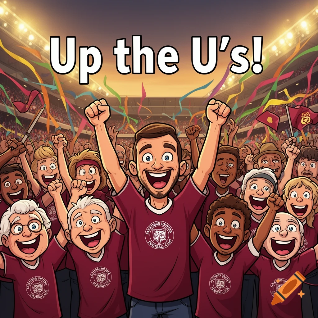 Cartoon football fans in a stadium cheer with 'Up the U's!' text overhead.