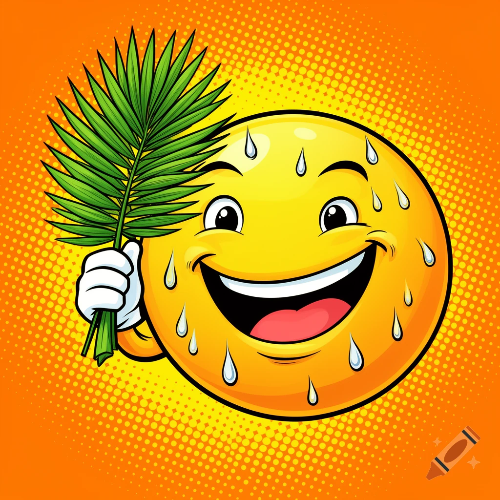 A sweating yellow smiley face holds a green palm frond against an orange and yellow pop art background in a comic style.