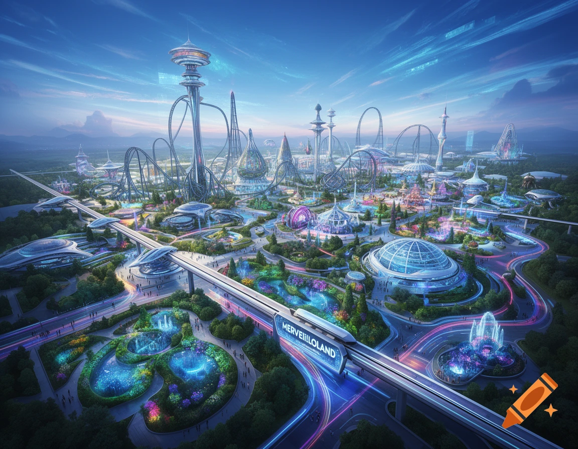 An aerial view of a vibrant, futuristic amusement park at dusk, featuring rollercoasters, sleek buildings, and a monorail labeled 'Merveilloland'.