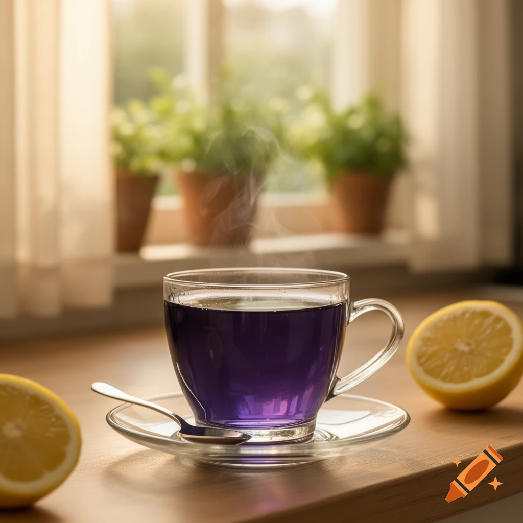 A glass teacup with steaming purple tea, a spoon, and two lemon halves on a wooden surface by a window.