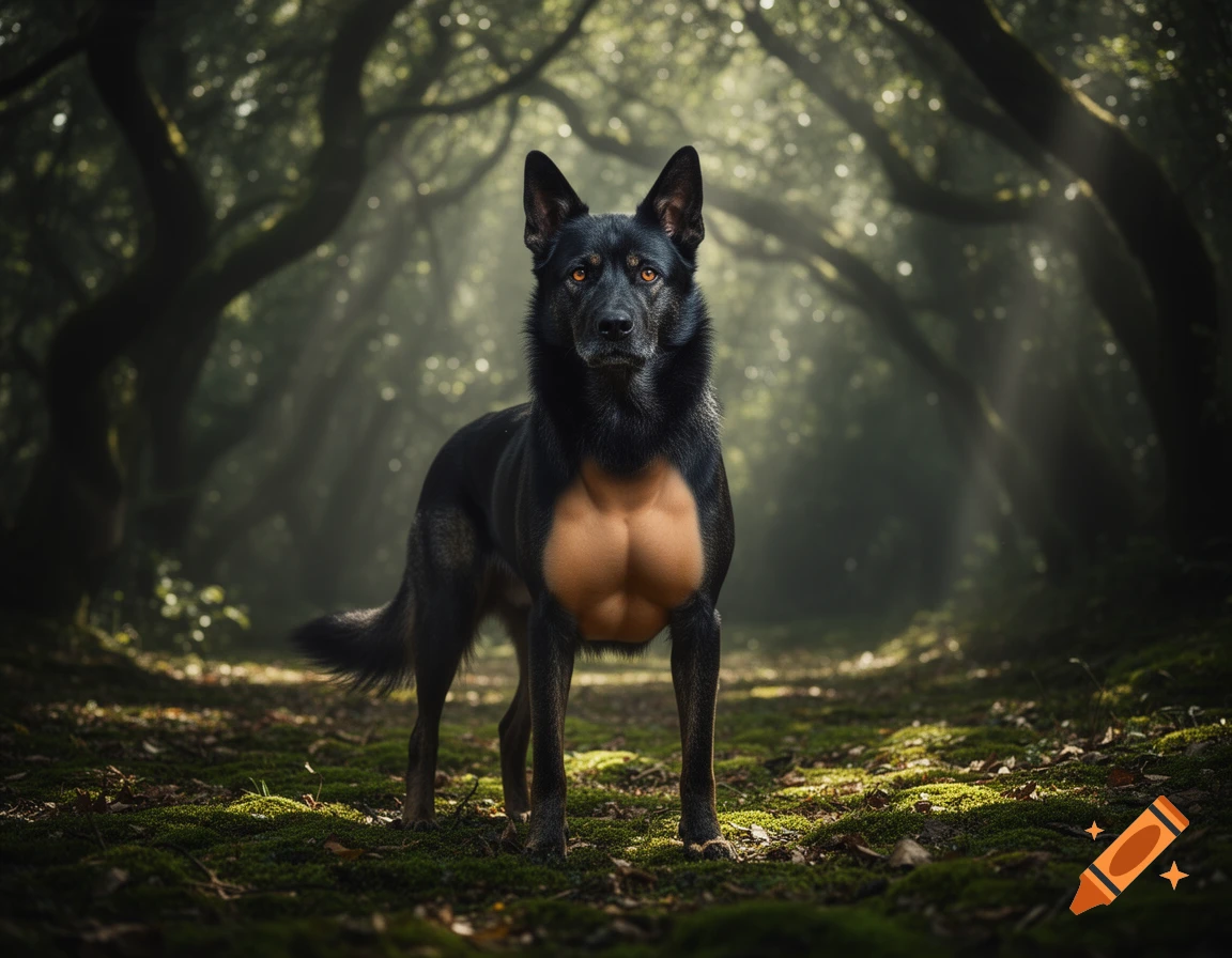 A black dog with a muscular human-like chest stands in a sun-dappled forest.