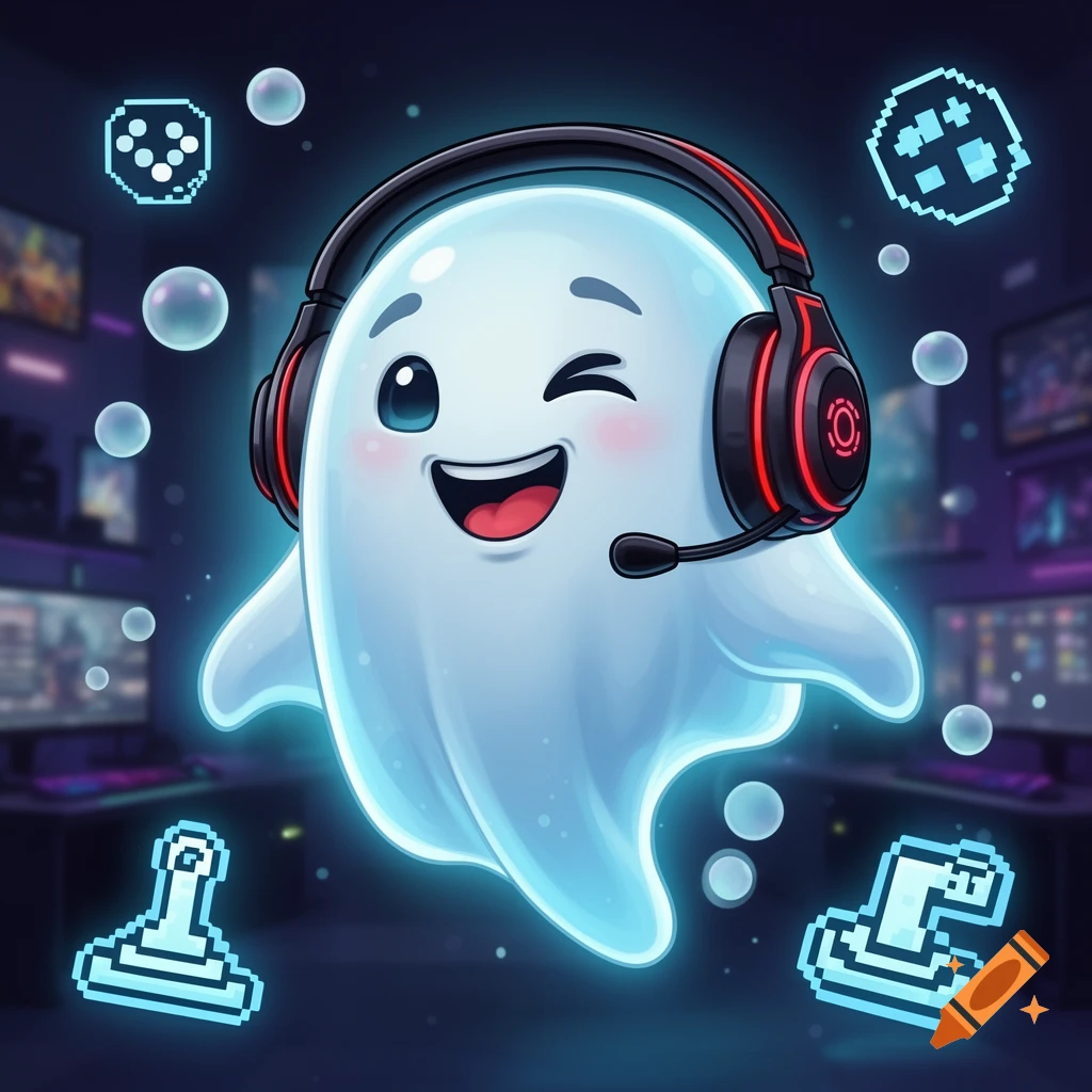 A cute, winking cartoon ghost wearing a red and black gaming headset, surrounded by pixel art icons in a dim gaming room.