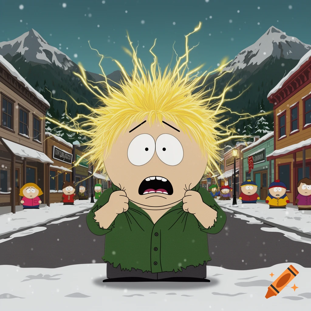 Tweek Tweak from South Park looks terrified, pulling his shirt, as yellow static electricity radiates from his spiky hair in a snowy town.
