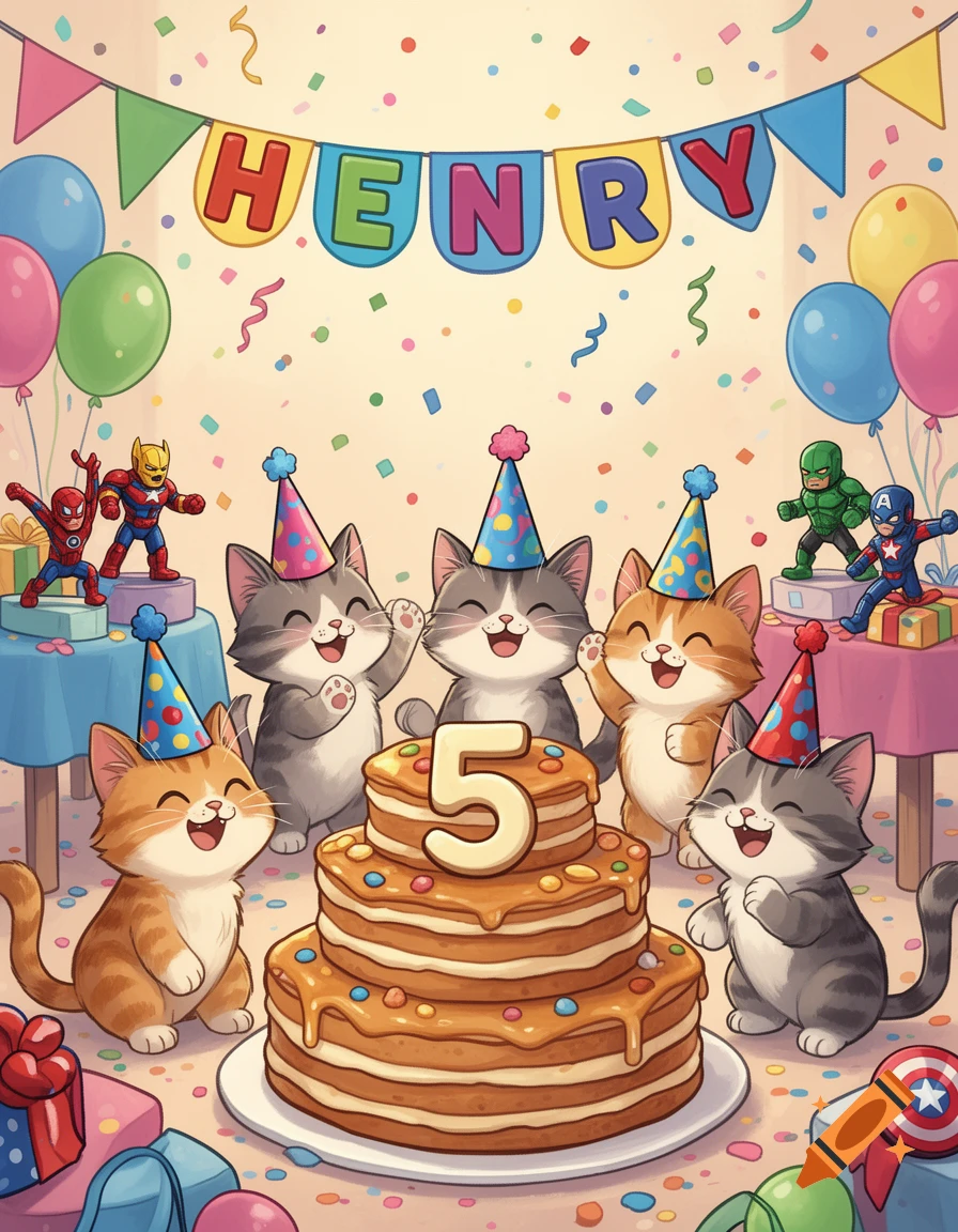 Cartoon cats in party hats celebrating a birthday around a pancake cake with a '5' on it, superhero toys, and a 'HENRY' banner.