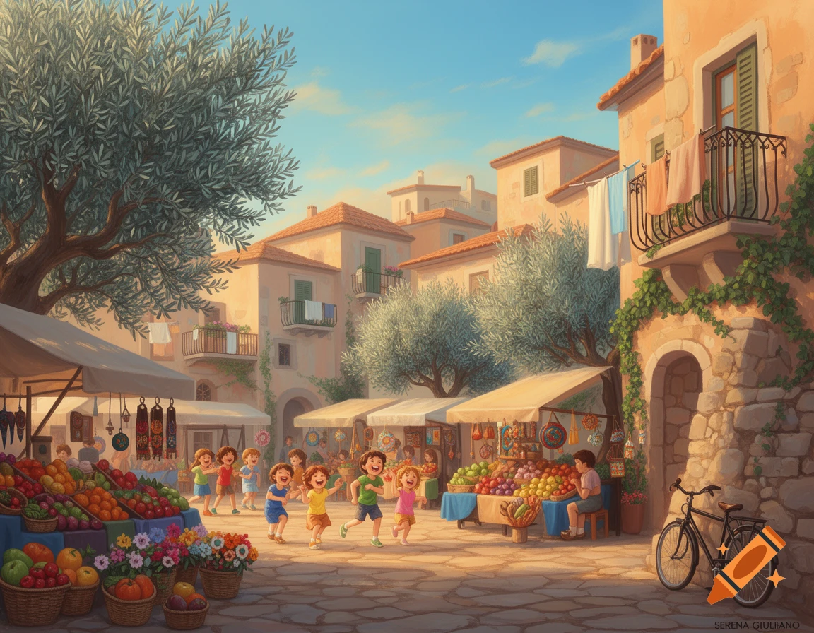 Vibrant illustration of a sunny Mediterranean village market with children playing, stalls of fruits and flowers, and buildings with balconies.