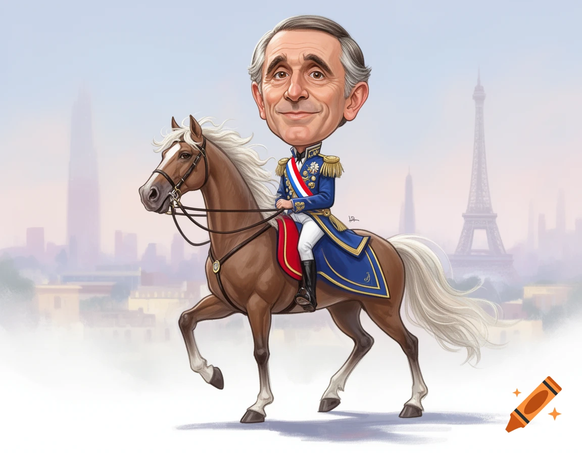 Caricature of a man with a large head in a blue uniform riding a horse, with the Eiffel Tower in the background.