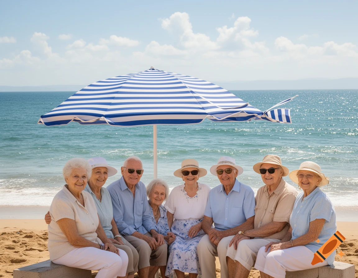 Smiling elderly people sit under a striped beach umbrella by the ocean.