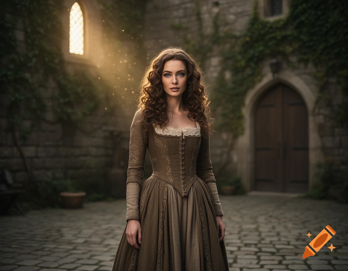 A photorealistic portrait of a woman with curly brown hair and blue eyes, wearing a medieval-style dress, in a stone castle courtyard with sunlight.