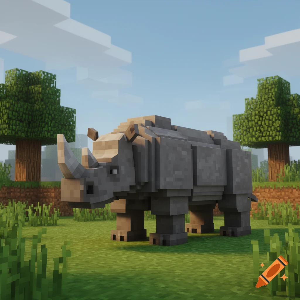 A blocky, grey rhinoceros stands in a vibrant green field with trees under a blue sky, in a Minecraft-style rendering.