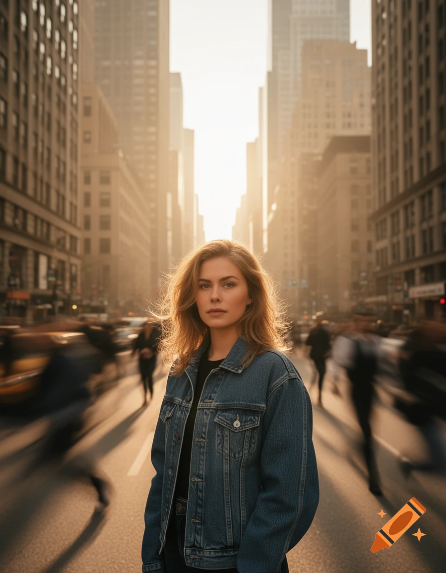 A woman in a denim jacket stands in a busy city street with tall buildings and blurred people and cars at golden hour.