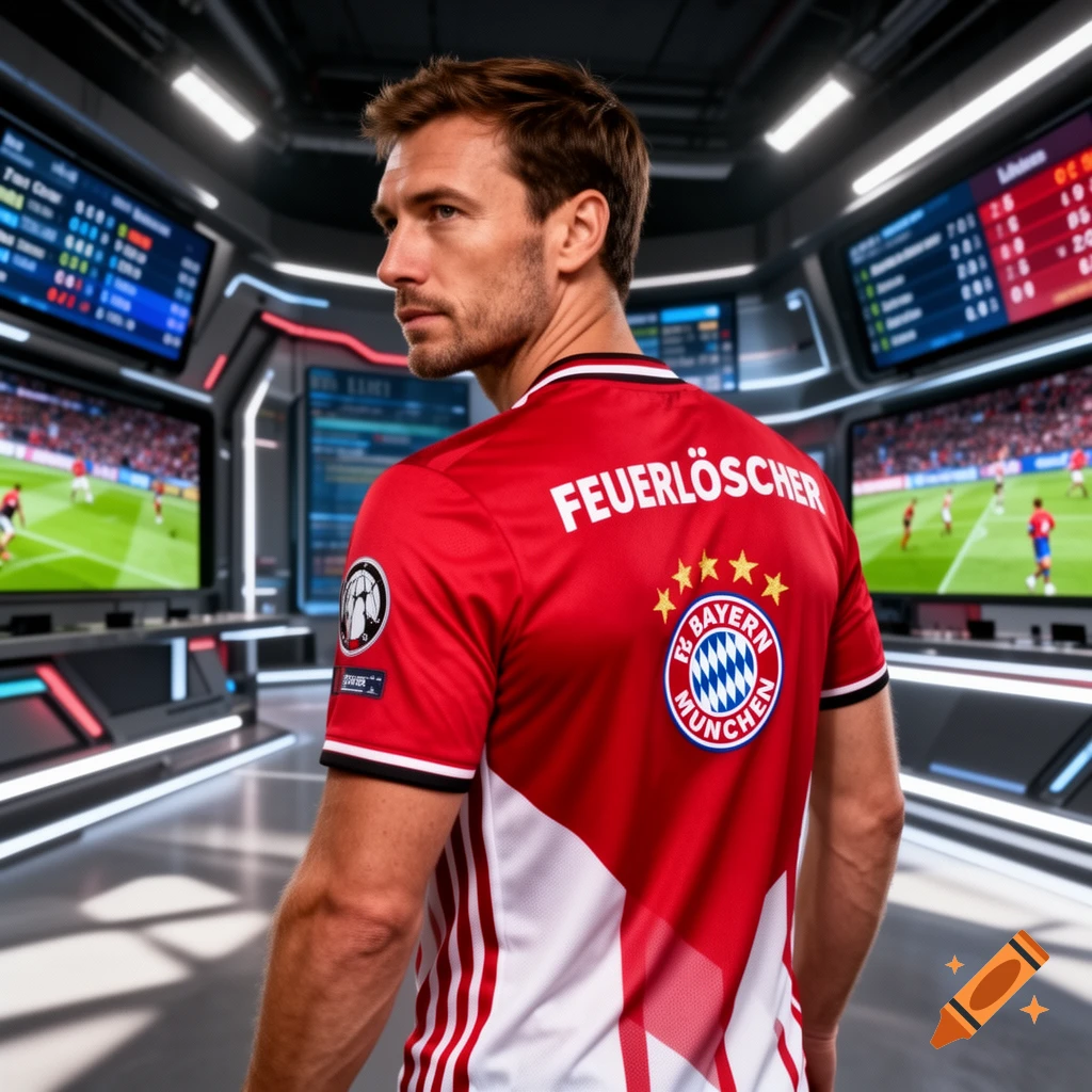 Man in a red Bayern Munich soccer jersey with 'FEUERLÖSCHER' on the back, in a futuristic sports control room with multiple screens.