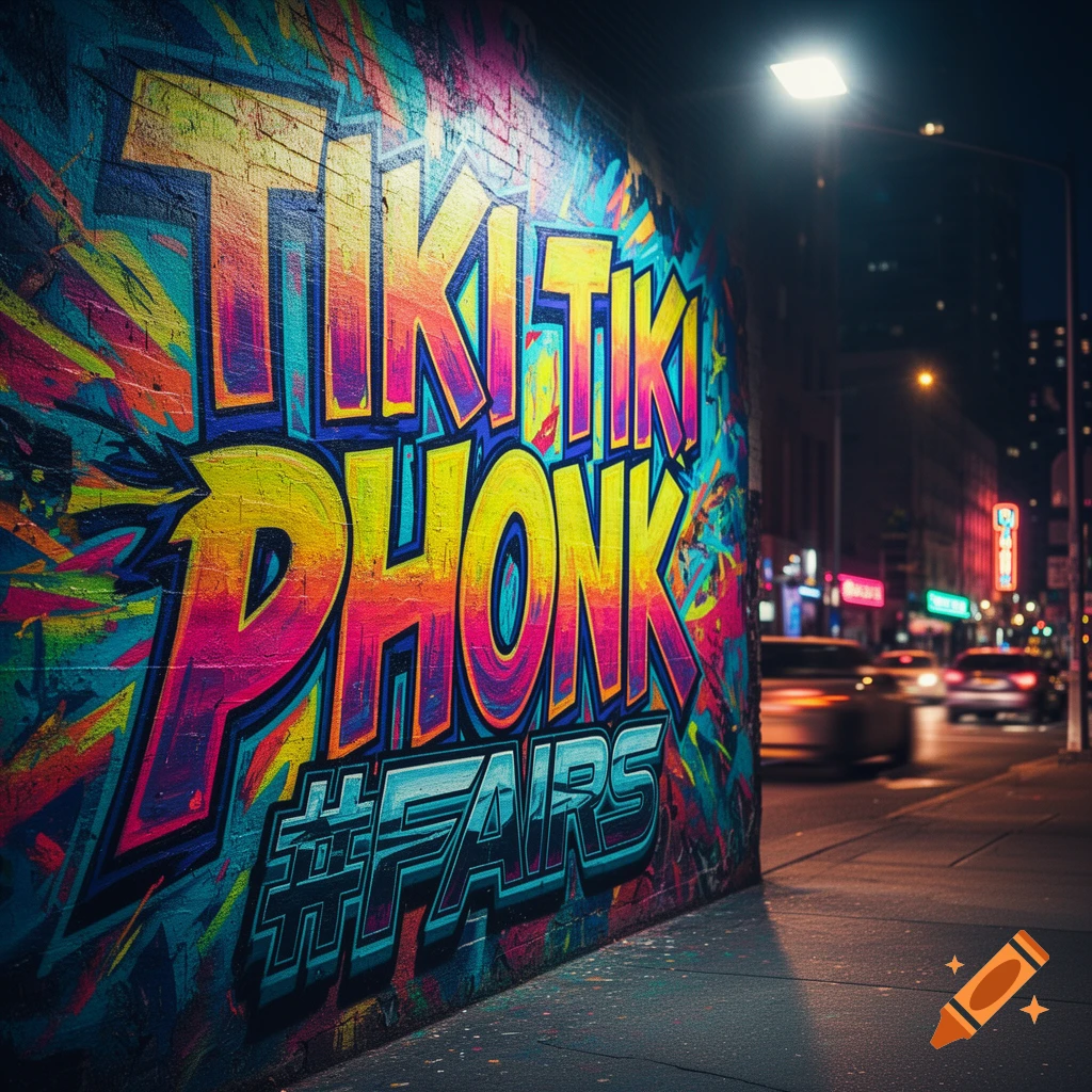 Vibrant graffiti spelling 'TIKI TIKI PHONK #FAIRS' on a brick wall in a city street at night.