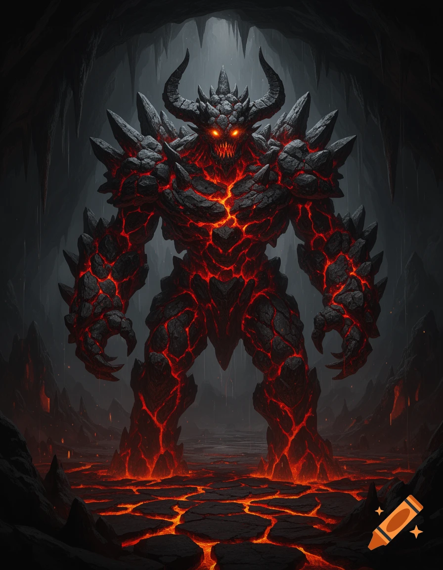 A menacing, horned lava and rock golem monster with glowing red eyes stands in a dark, fiery cave.