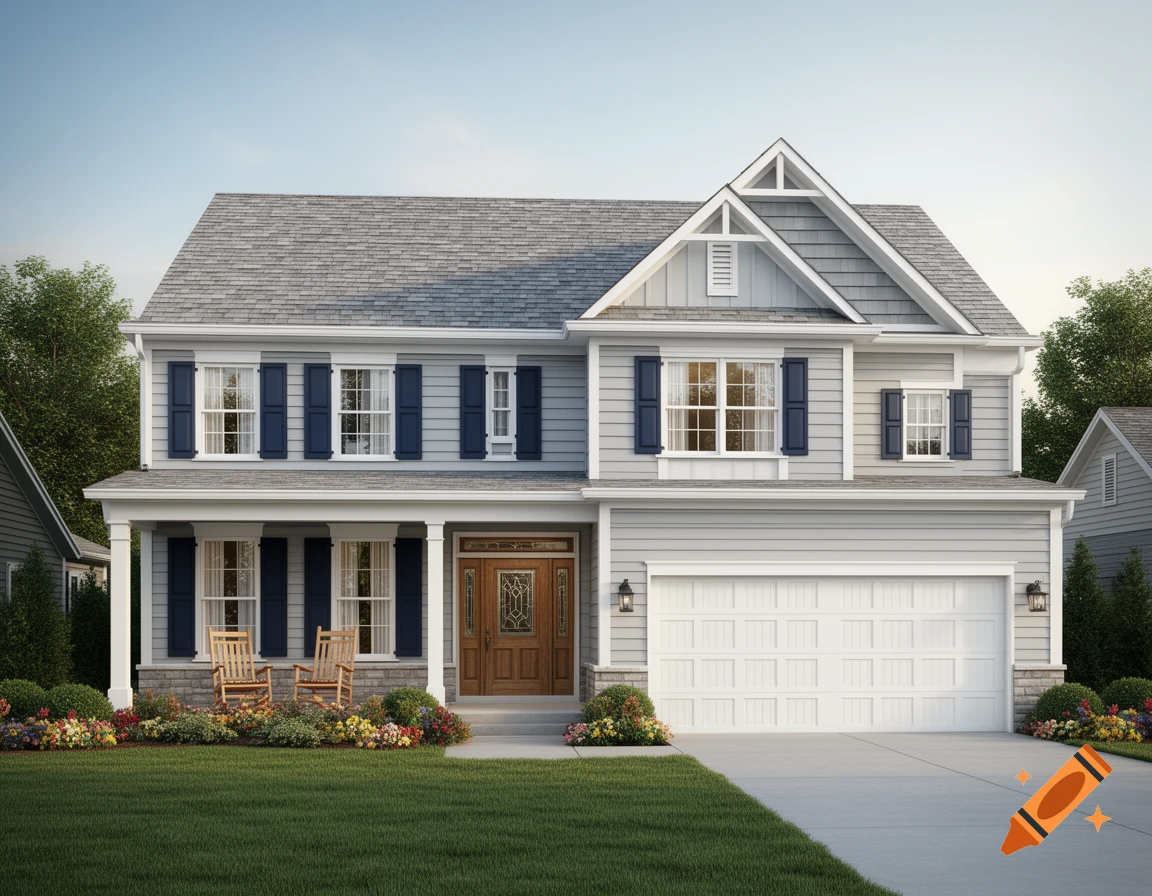 A hyper-realistic two-story light gray house with dark blue shutters, a brown front door, a white garage, and a green lawn.