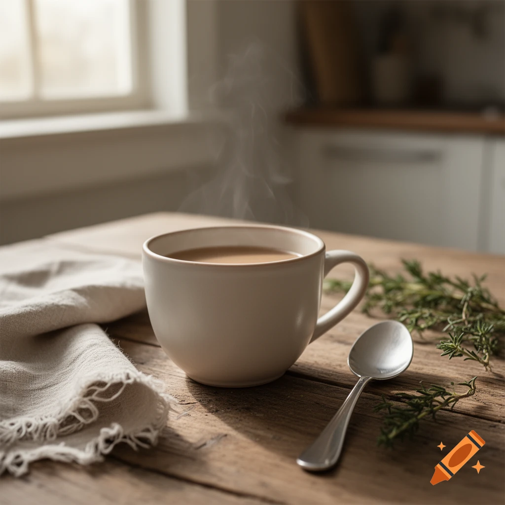 A steaming cup of coffee on a rustic wooden table with a spoon, linen, and greenery, in a kitchen setting.