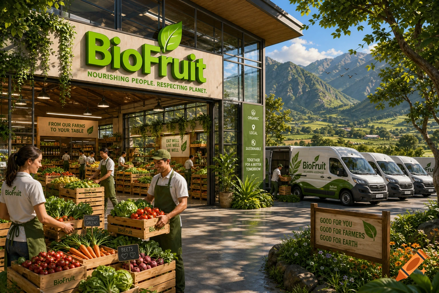 Photorealistic image of a BioFruit grocery store with employees stocking fresh produce, BioFruit delivery vans, and a scenic mountain landscape in the background.