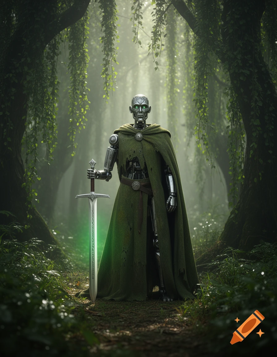 A photorealistic image of a humanoid robot in a green cloak with glowing eyes, standing in a misty forest and holding a glowing longsword.