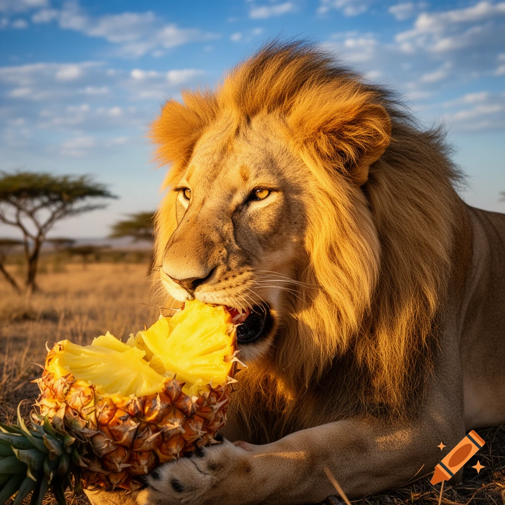 A majestic male lion with a golden mane lies in a savanna at sunset, intently eating a large, cut pineapple.