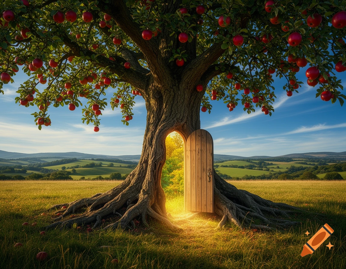 A photorealistic image of a large apple tree with a glowing, open wooden door in its trunk, revealing a bright light. The tree's roots spread across a grassy field under a blue sky with rolling green hills in the background.
