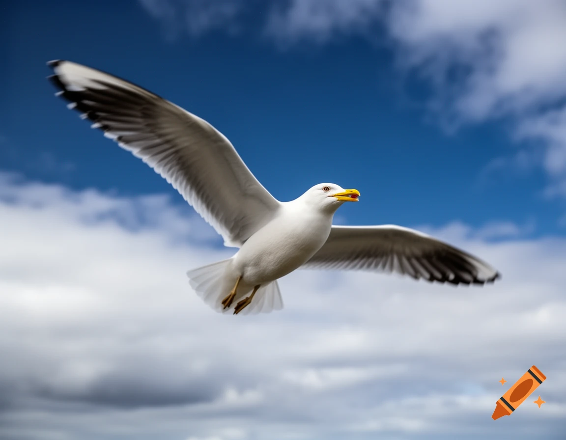 A white and black seagull with a yellow beak soaring through a blue sky with white clouds.