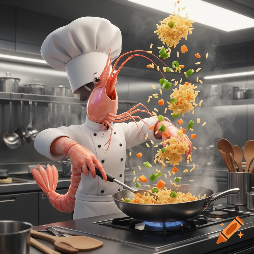An anthropomorphic shrimp chef in a white uniform cooks fried rice, tossing ingredients in a pan in a modern kitchen. Photorealistic style.