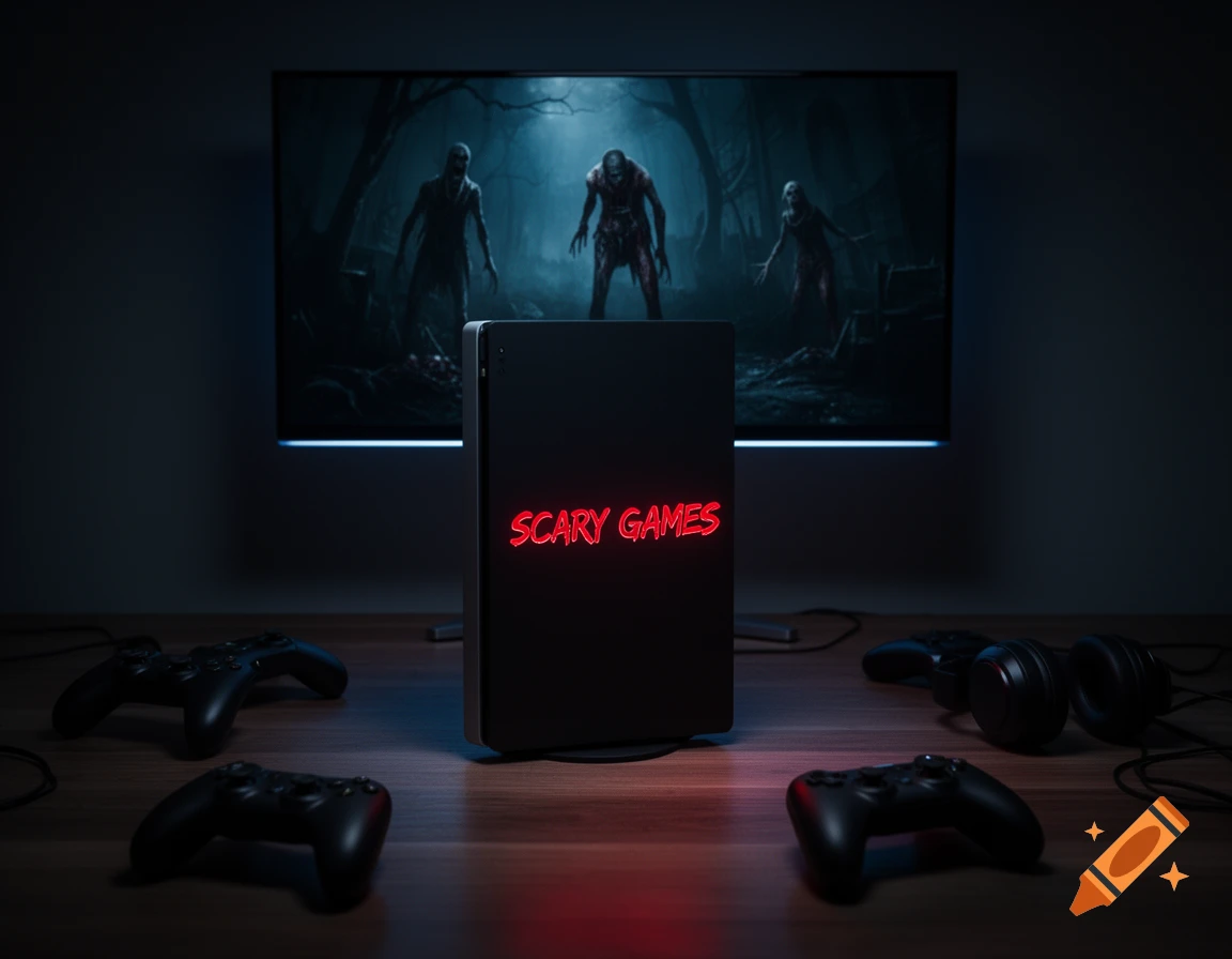 A dark gaming setup with a console displaying glowing red 'SCARY GAMES' text, two controllers, headphones, and a TV showing zombie-like figures.