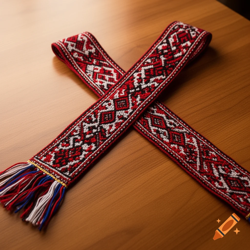 A traditional Russian fabric belt with intricate red, black, and white geometric patterns, laid crossed on a wooden table. One end has red, blue, and white tassels.