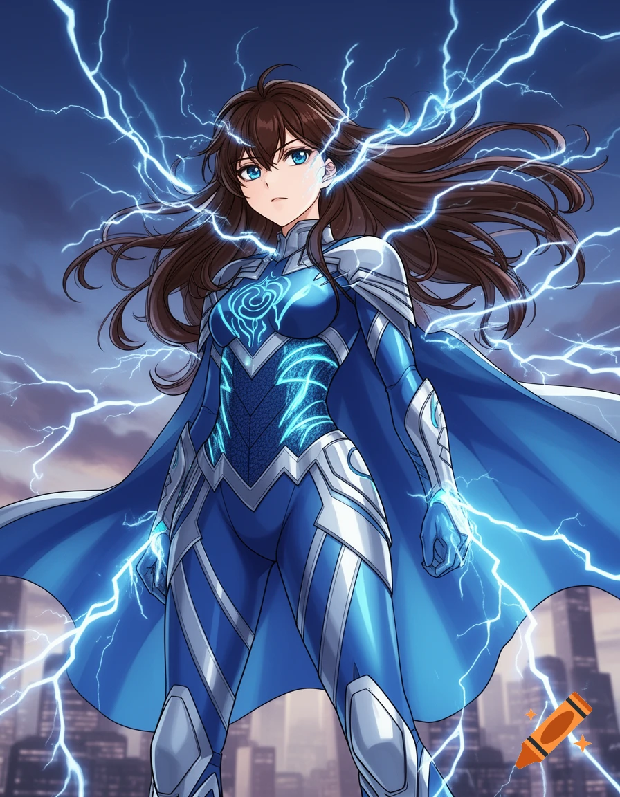 Anime superhero girl with brown hair in a blue and silver lightning costume, surrounded by blue electricity with a city background.