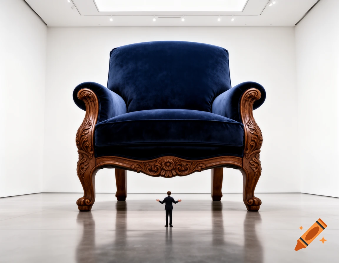 A tiny man in a suit stands dwarfed by a massive blue velvet armchair with carved wooden legs in a minimalist white gallery, photorealistic.