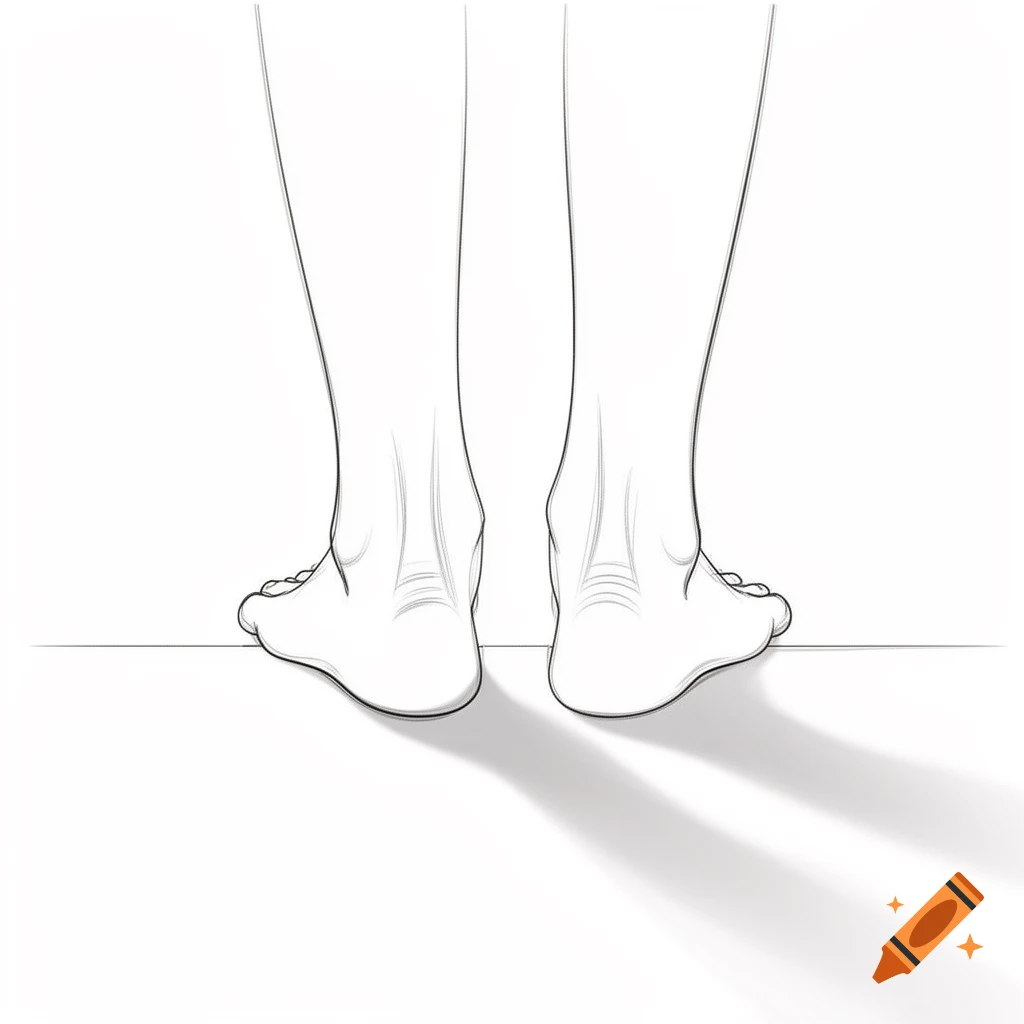 Minimalist line drawing of two human feet from behind, slightly turned out, standing on a white surface with shadows.