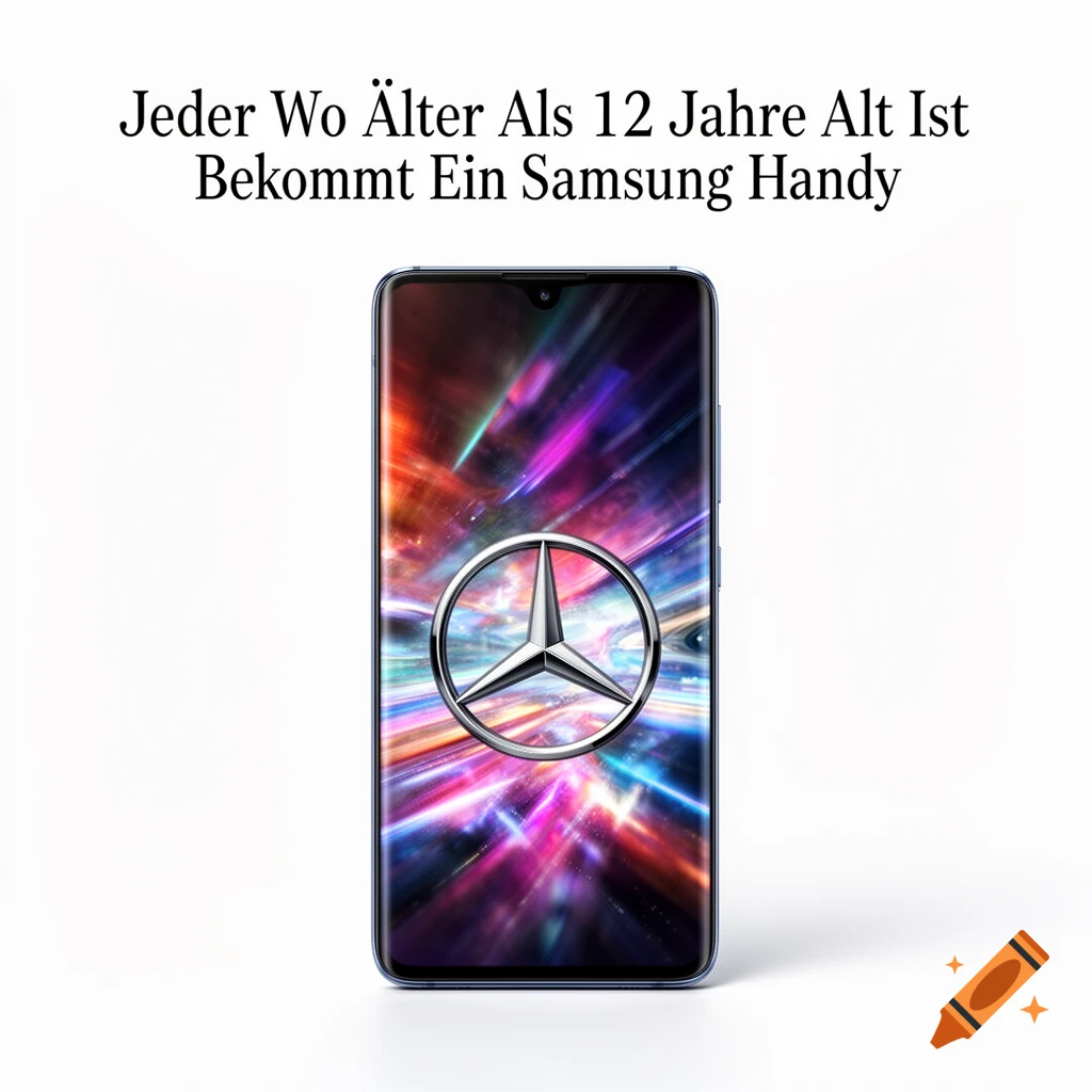 A smartphone displays a Mercedes logo on its screen, with German text above it.
