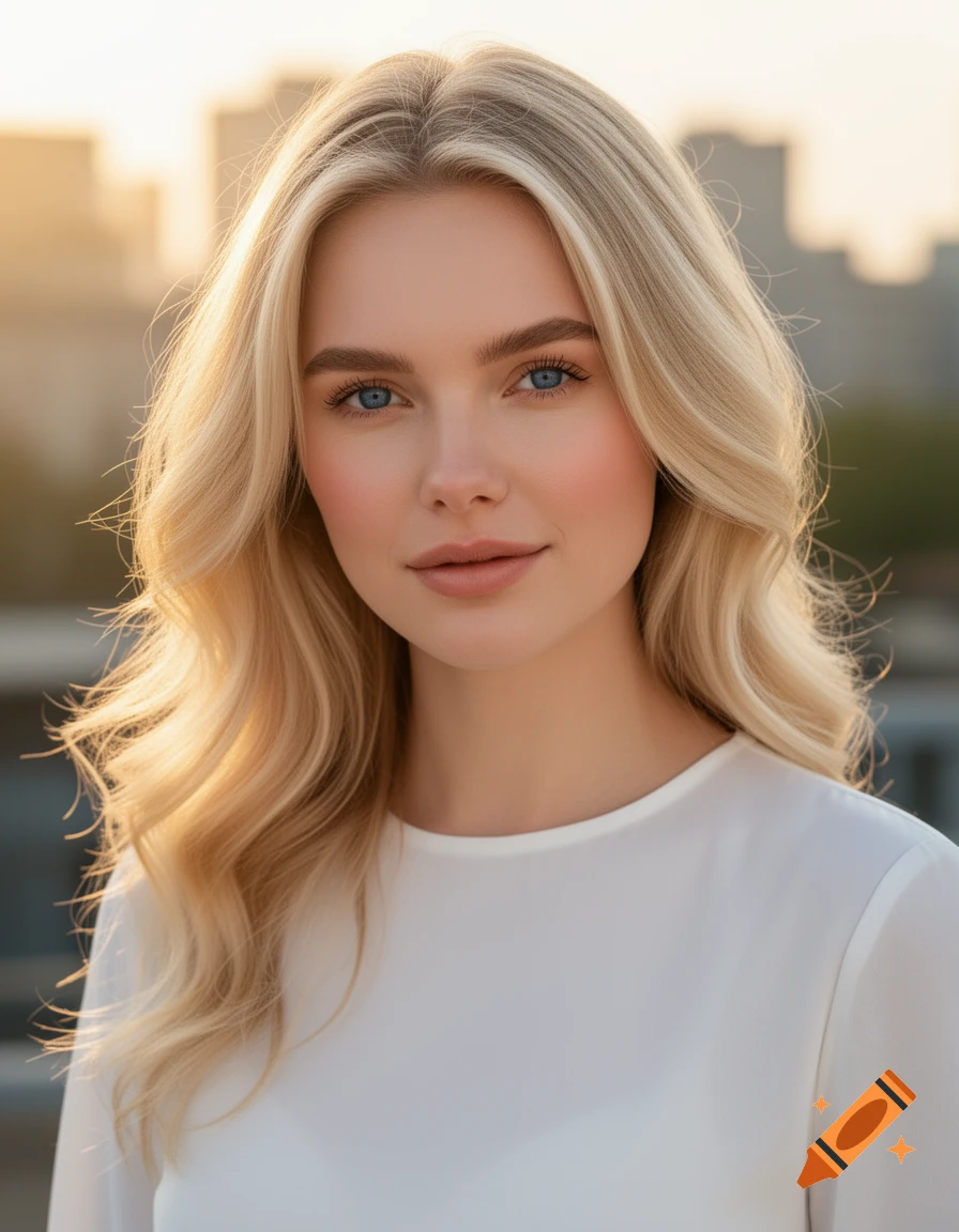 Photorealistic portrait of a blonde woman with blue eyes, wearing a white top, against a blurred city sunset.