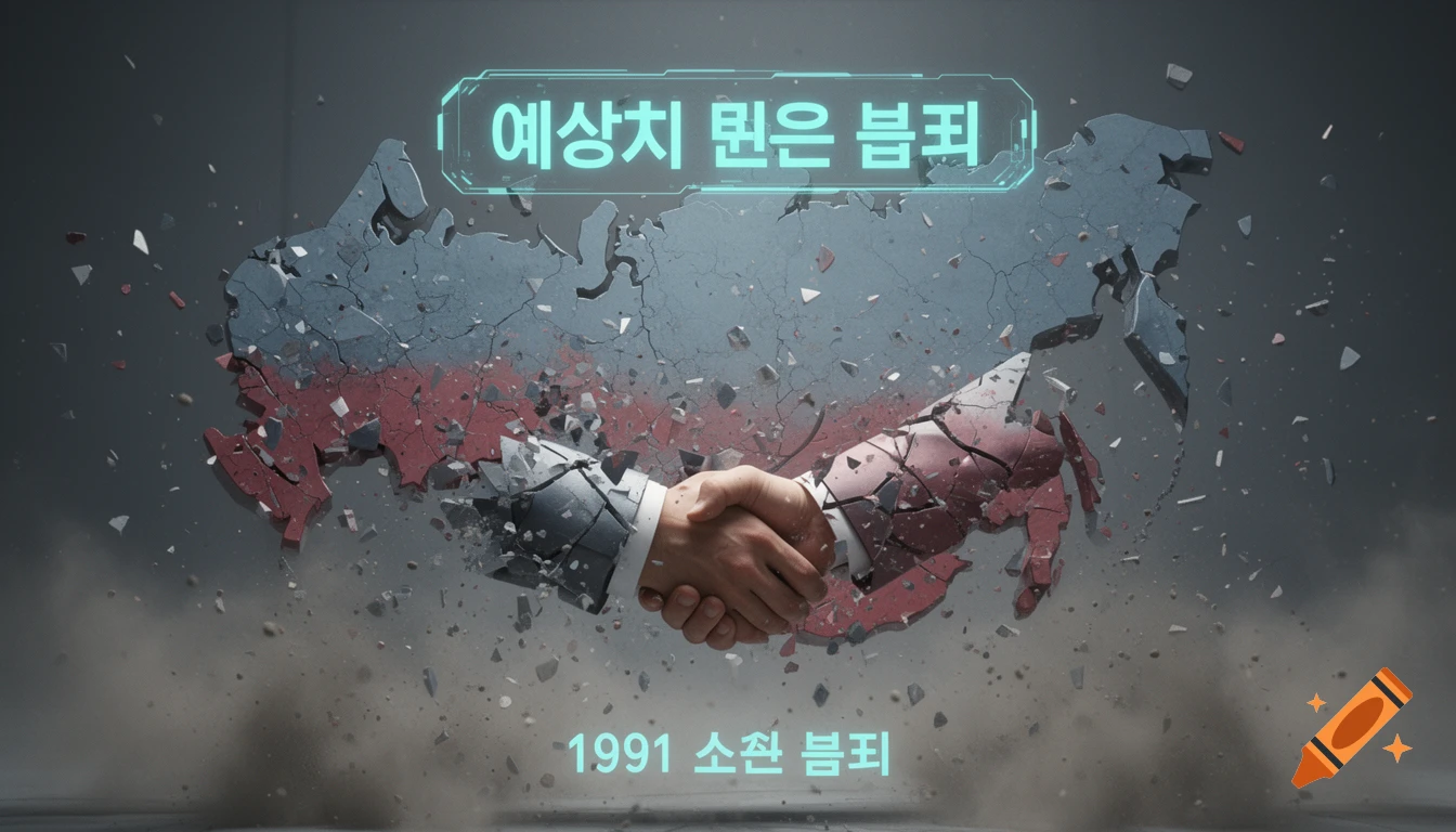 Cinematic 3D render of the Soviet Union map shattering over a handshake, with text '1991 Soviet Collapse'.