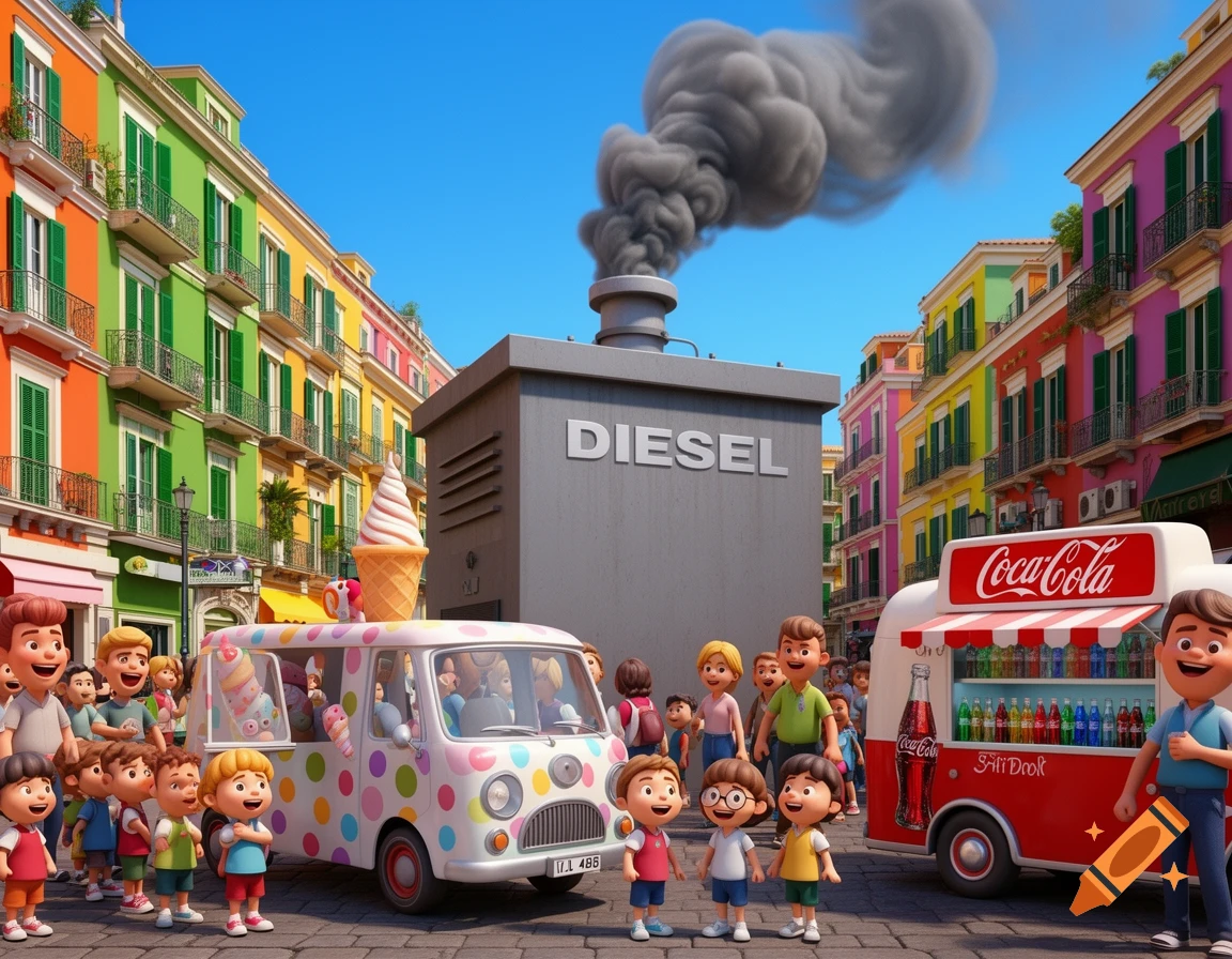 A vibrant 3D cartoon street scene with an ice cream van, a Coca-Cola soda van, children, and a 'DIESEL' generator emitting smoke, surrounded by colorful buildings.