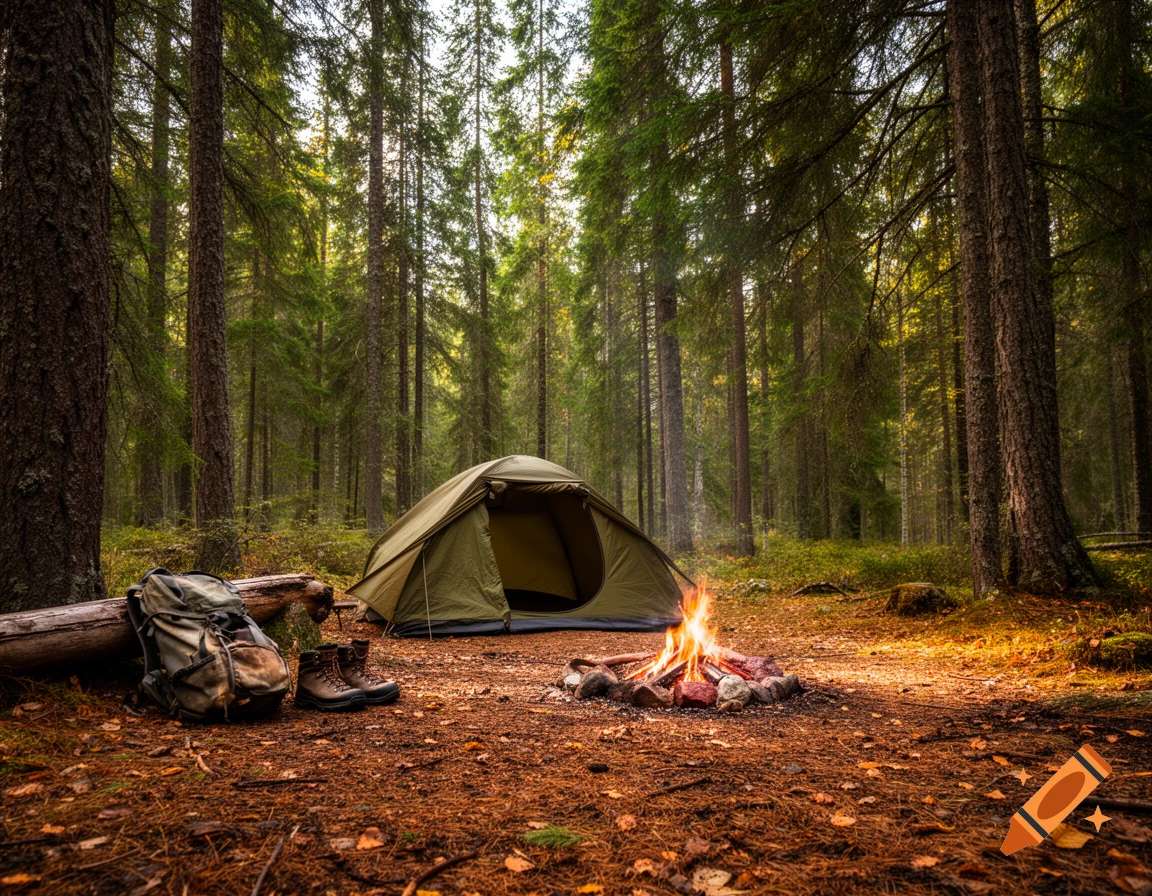 A green tent set up in a dense forest with a campfire burning, next to a backpack and hiking boots on the earthy ground.